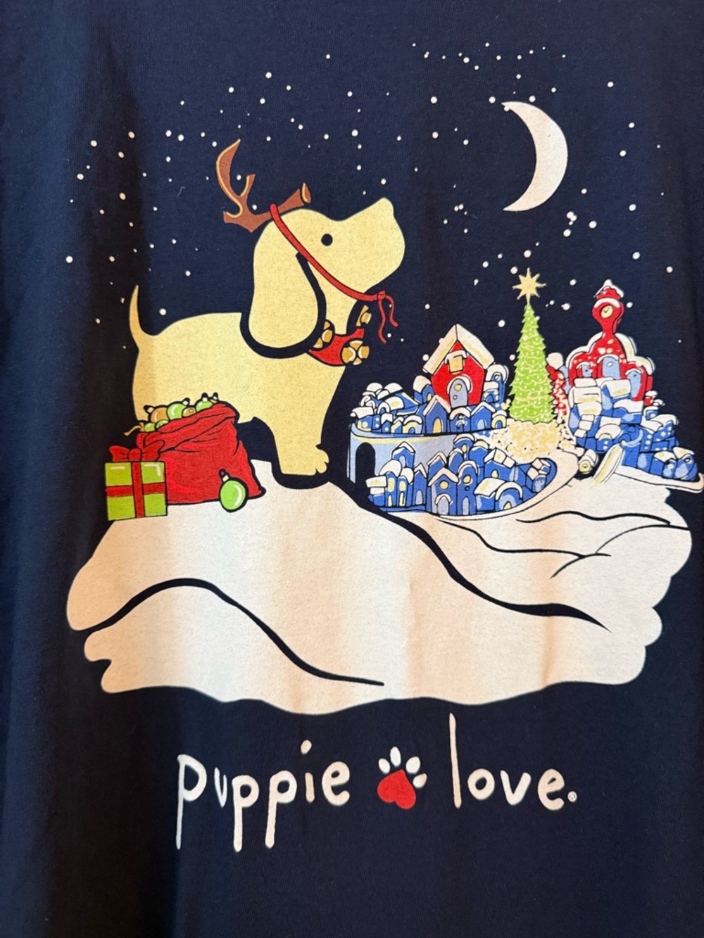 Puppie Love Christmas Reindeer Dog Long Sleeve T-Shirt Gildan NWT Navy Blue XL